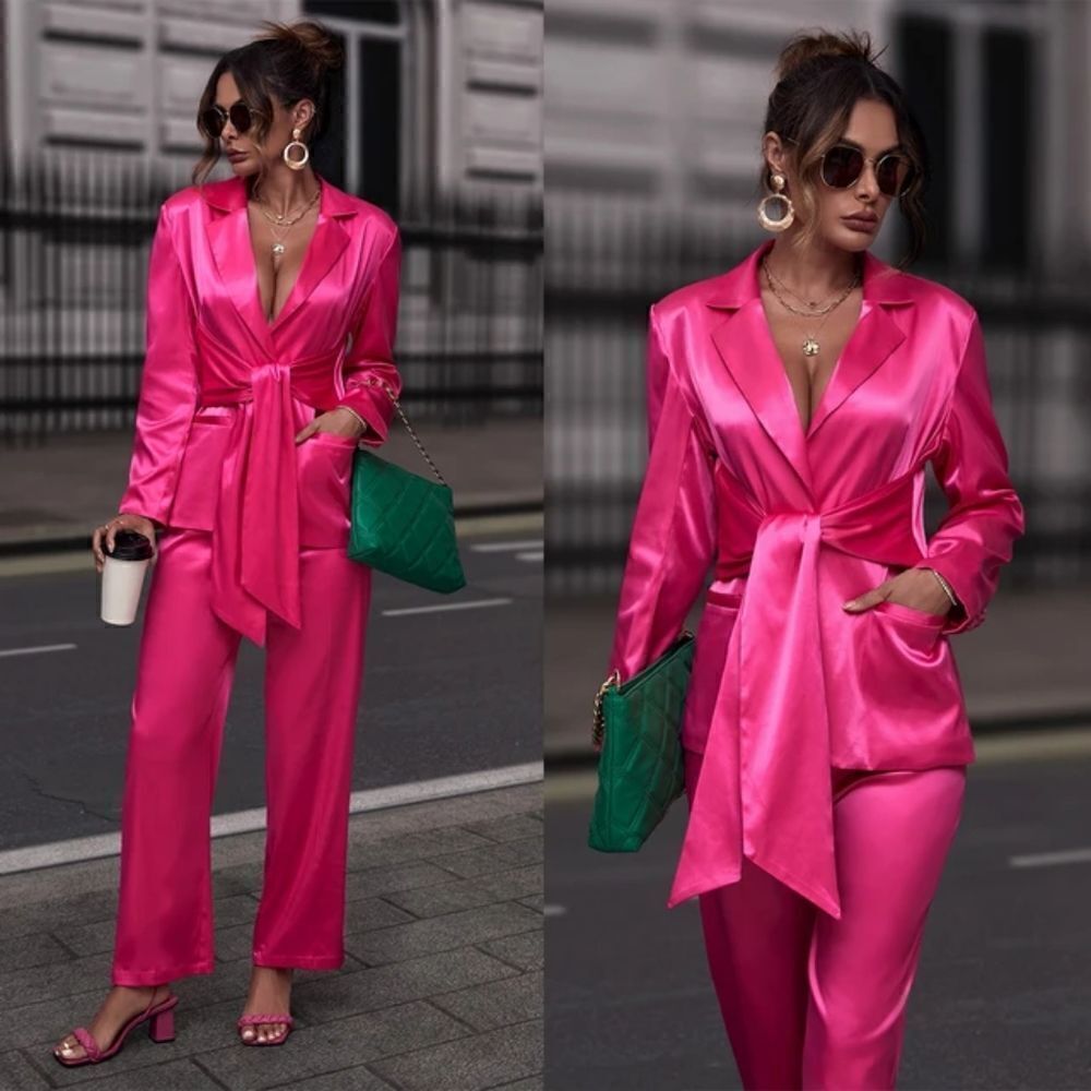 ZARA MATCHING SET TIED SATIN EFFECT BLAZER PINK  AND PANTS ZARA